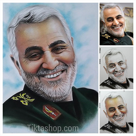 سفارش نقاشی چهره با مداد رنگی | نقاشی سردار سلیمانی